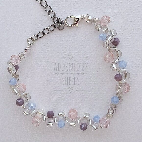 Aqua Mauve Crystals Beaded Bracelet, Non-Tarnish Minimalist Dainty Jewelry - Picture 4 of 10